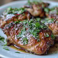 Golden-brown honey garlic baked chicken thighs with crispy skin and glossy glaze, served with fresh parsley and sesame seeds.