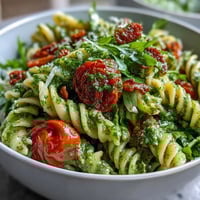 Fresh summer pasta salad with pesto and cherry tomatoes, bursting with color and flavor.  