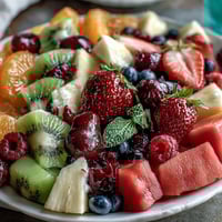 Rainbow fruit table with coconut whipped cream, featuring vibrant strawberries, kiwi, and blueberries arranged in colorful rows.
