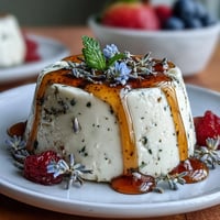 Silky Honey Lavender Panna Cotta with a gentle floral aroma, served in chilled glasses and drizzled with golden honey.