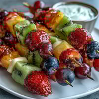 Rainbow Fruit Skewers with Honey Dip showcase vibrant layers of strawberries, pineapple, kiwi, and grapes on wooden sticks, served with creamy yogurt dip.