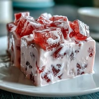 Vibrant cubes of strawberry and rose gelatin suspended in creamy milk base for a stunning mosaic dessert.  