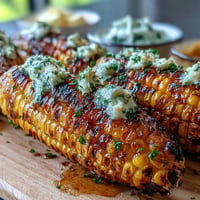 Grilled corn on the cob with four herbed butters, perfect for Memorial Day barbecues.  