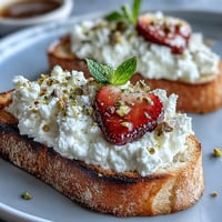 Golden toast topped with creamy ricotta, fresh strawberries, honey drizzle, and crunchy pistachios for a vibrant breakfast.