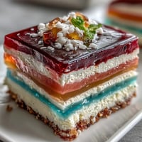 Vibrant agar-agar rainbow jelly cake dessert with creamy coconut, perfect for parties.